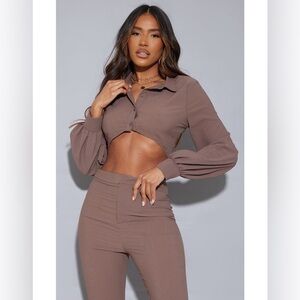 PrettyLittleThing PLT Mocha Textured High Waist Skinny Flare Pants